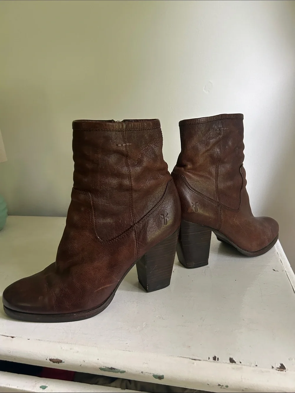 Frye Brown Leather Ankle Booties with Stacked Heel